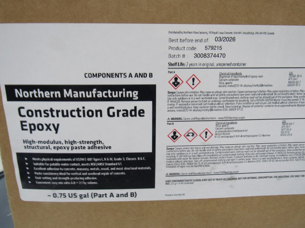 Construction Grade Epoxy paste adhesive Northern MFG 579215 components A B