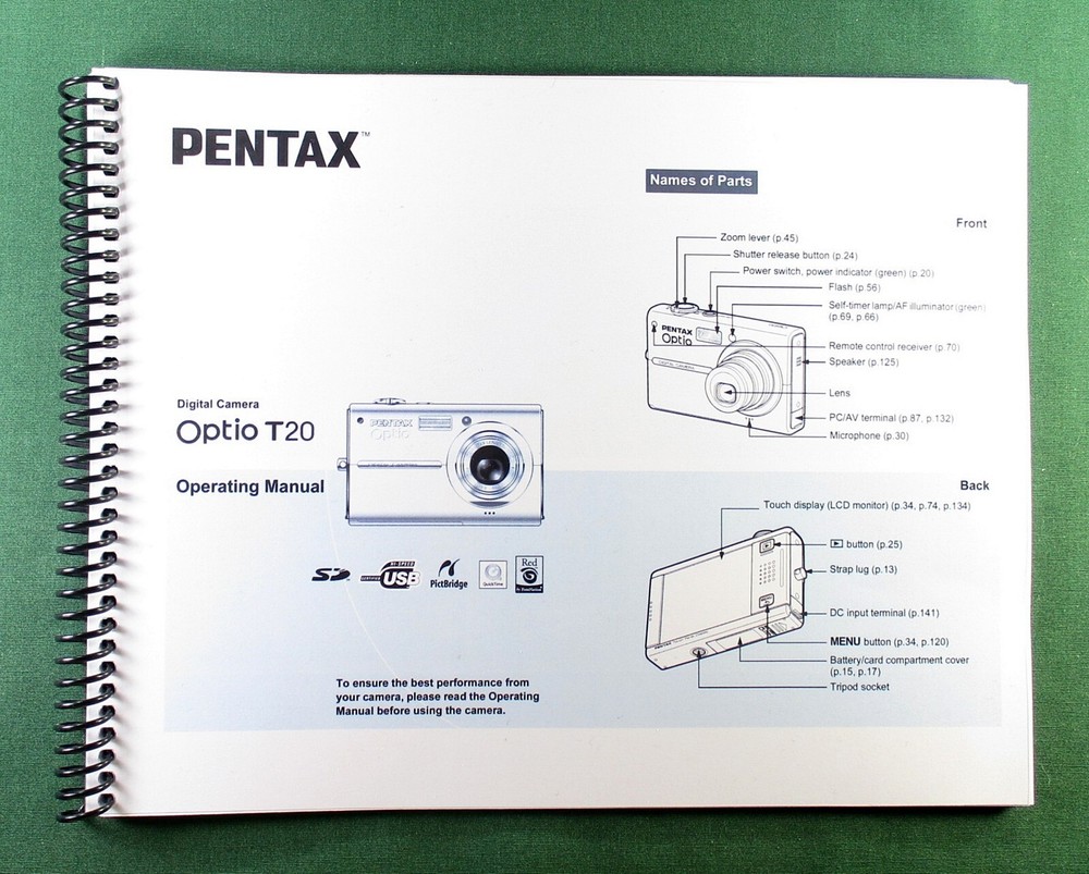 Ricoh Optio T20 OPerating Manual: 168 Pages & Protective Covers!