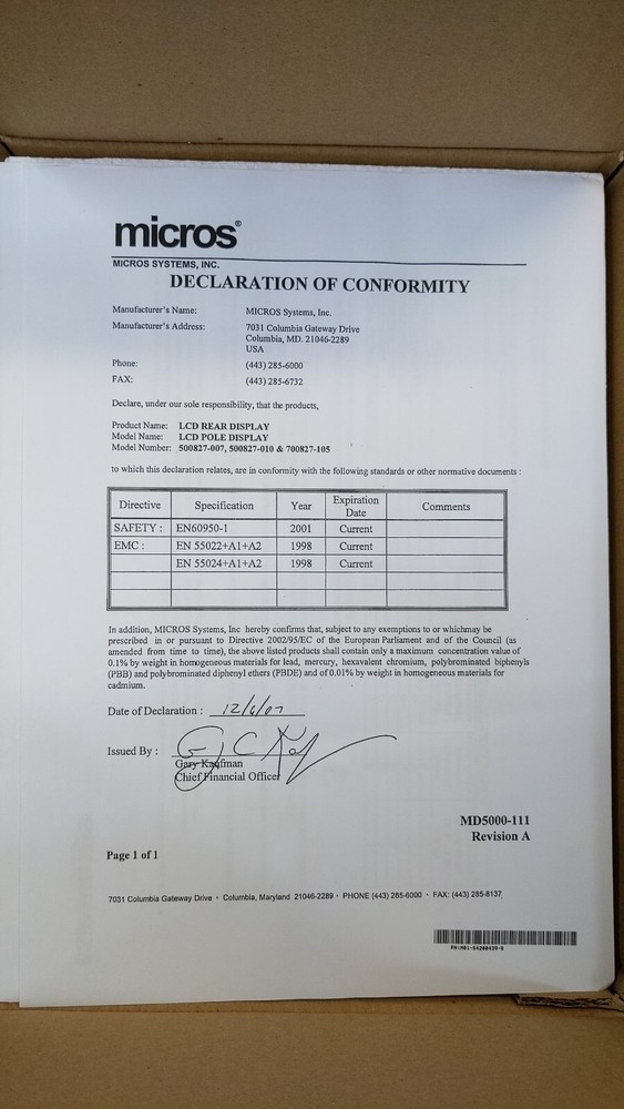 MICROS POLE DISPLAY KIT SYSTEM500827-010 6" POLE