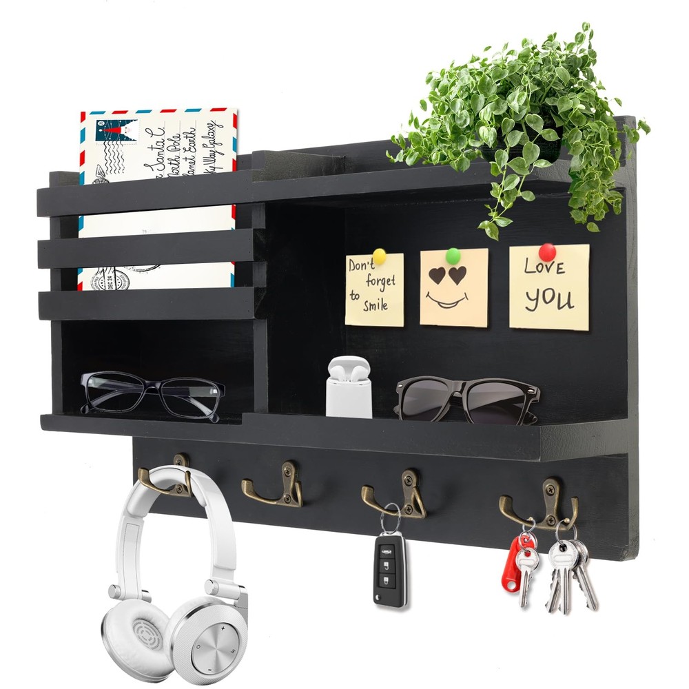Key Holder Wall Mount, Solid Wood Key and Mail Organizer for Wall(Self Adhesi...