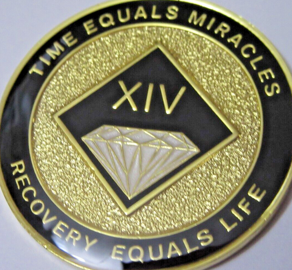Narcotics Anonymous NA BLACK 14 Year Medallion Gold White Token clean
