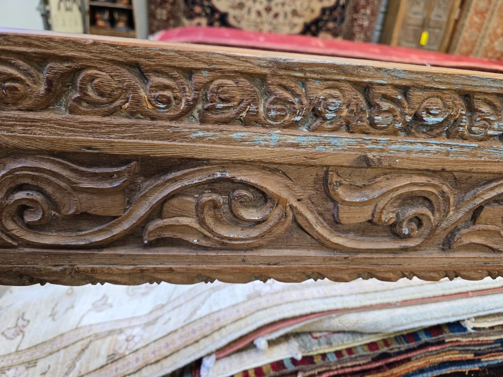 Reclaimed solid wood bench with floral carving design