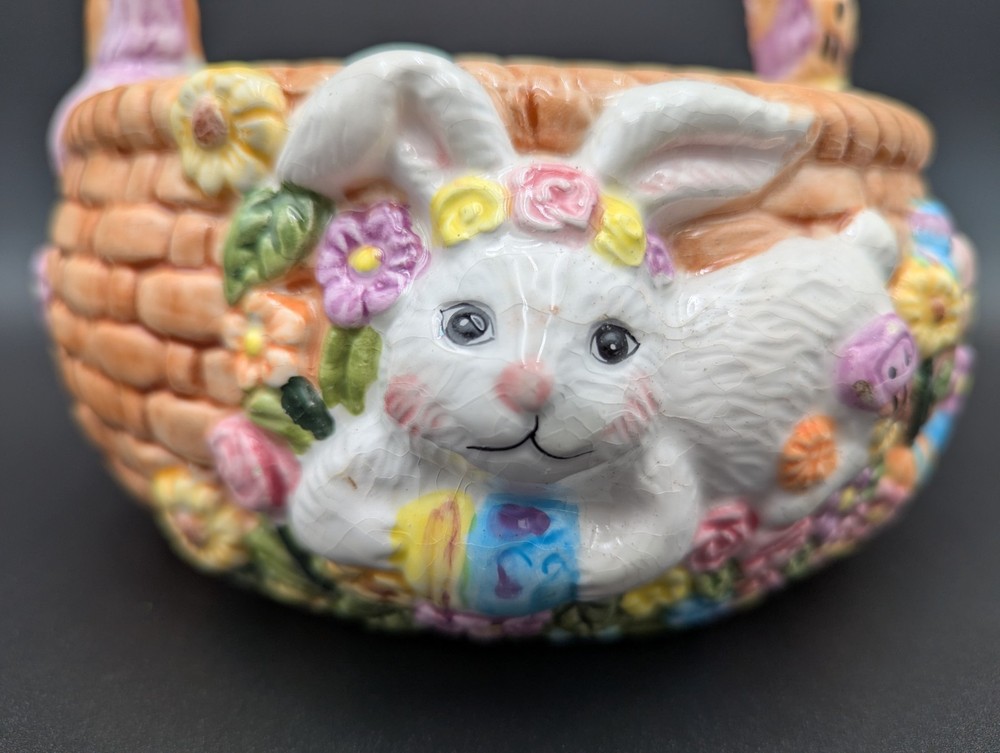 Ceramic Easter Bunny Basket Colorful WCL 7" Tall Decorative Figure & Easter Eggs