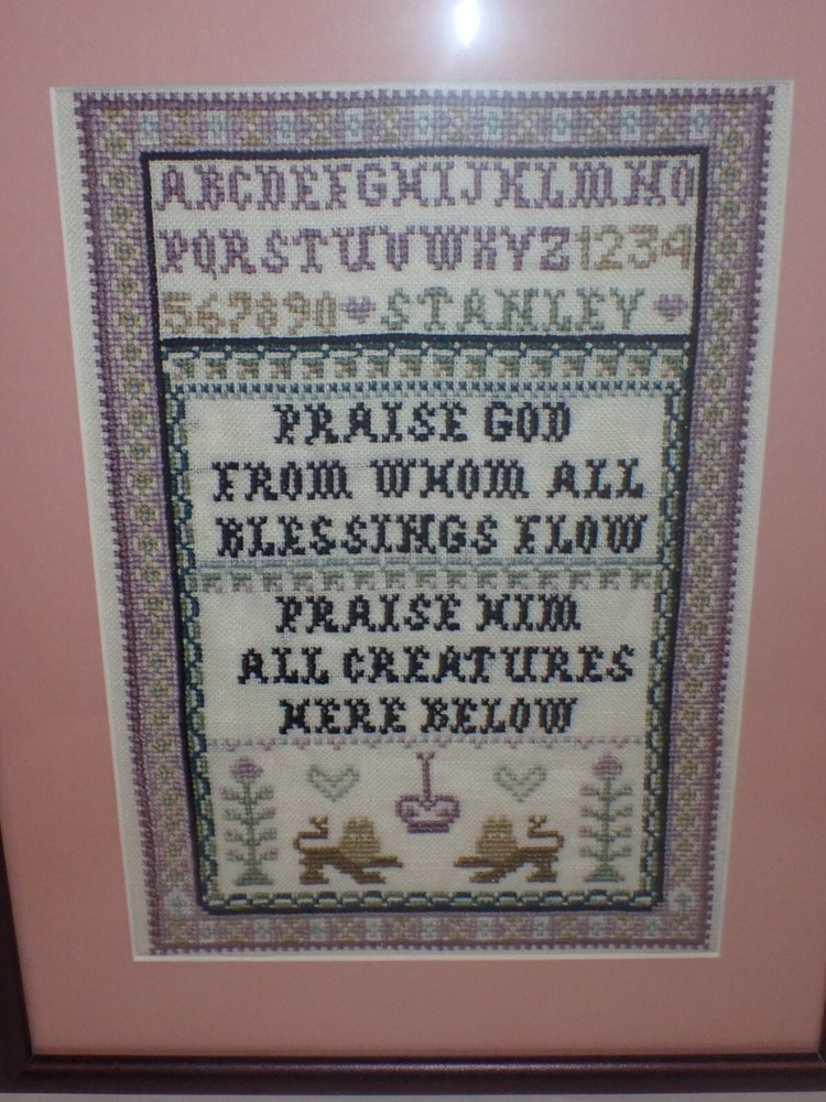 Completed Cross Stitch Sampler with Blessing Alphabet Framed Matted 11 1/2" x 14