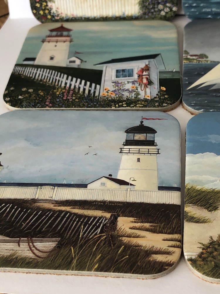 Six Cork Coasters, Featuring Lighthouses and Tall ships.