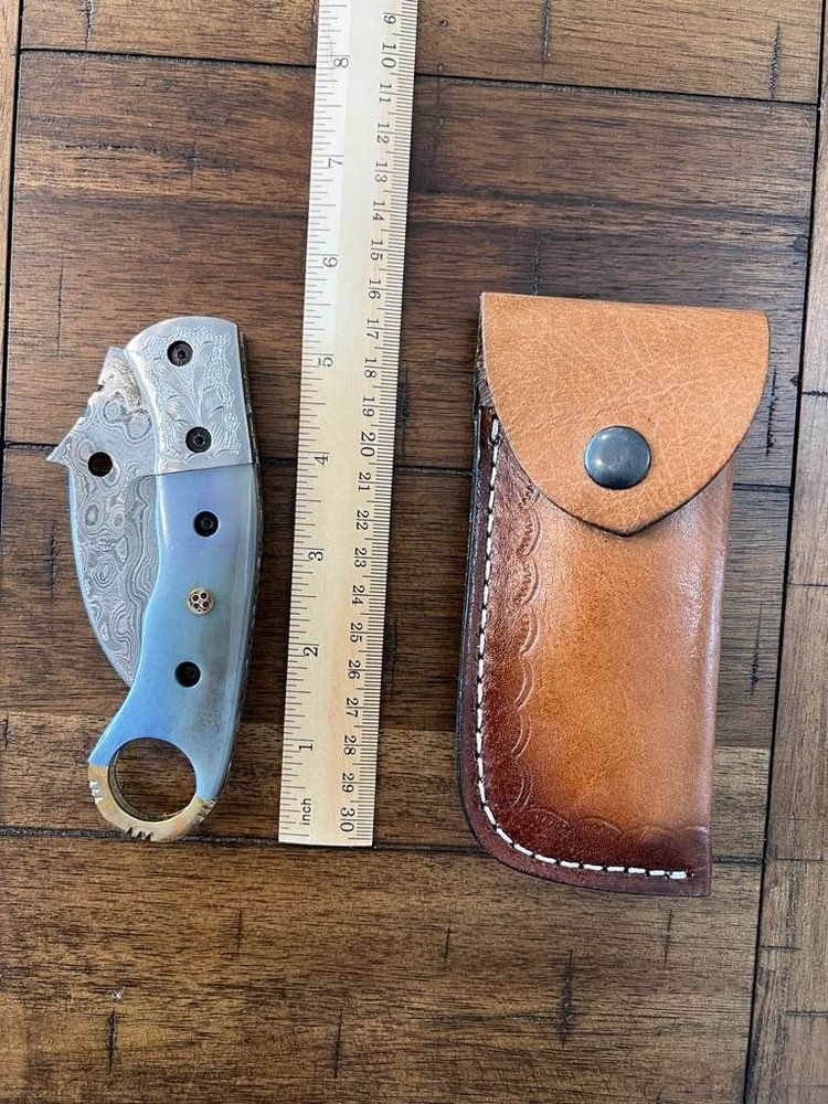 CUSTOM HANDMADE DAMASCUS COLORED BONE HANDLE KARAMBIT FOLDING KNIFE W/ SHEATH 29