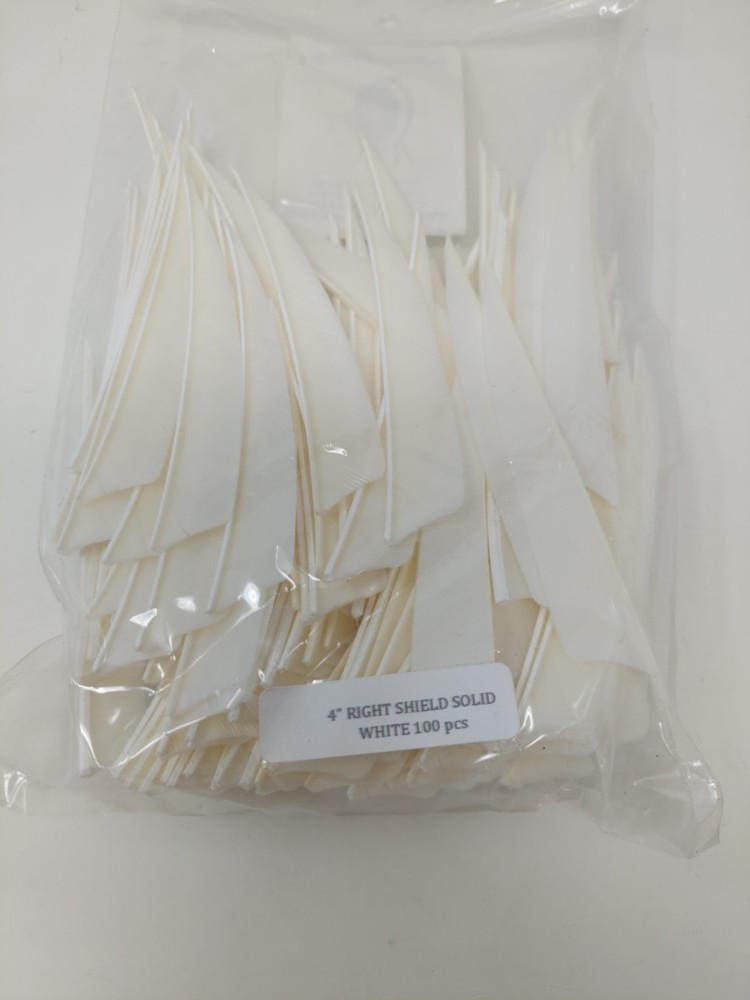 100pk Bullseye Archery Feathers 4" Right Wing: Shield Solid White