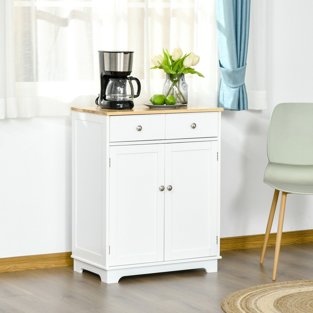 A storage cabinet with two drawers and adjustable shelves