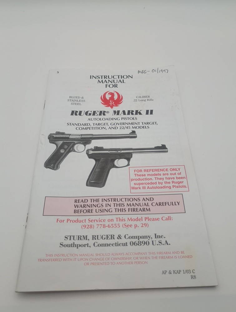 Ruger Mark 2 Pistol Manual 2003 Original