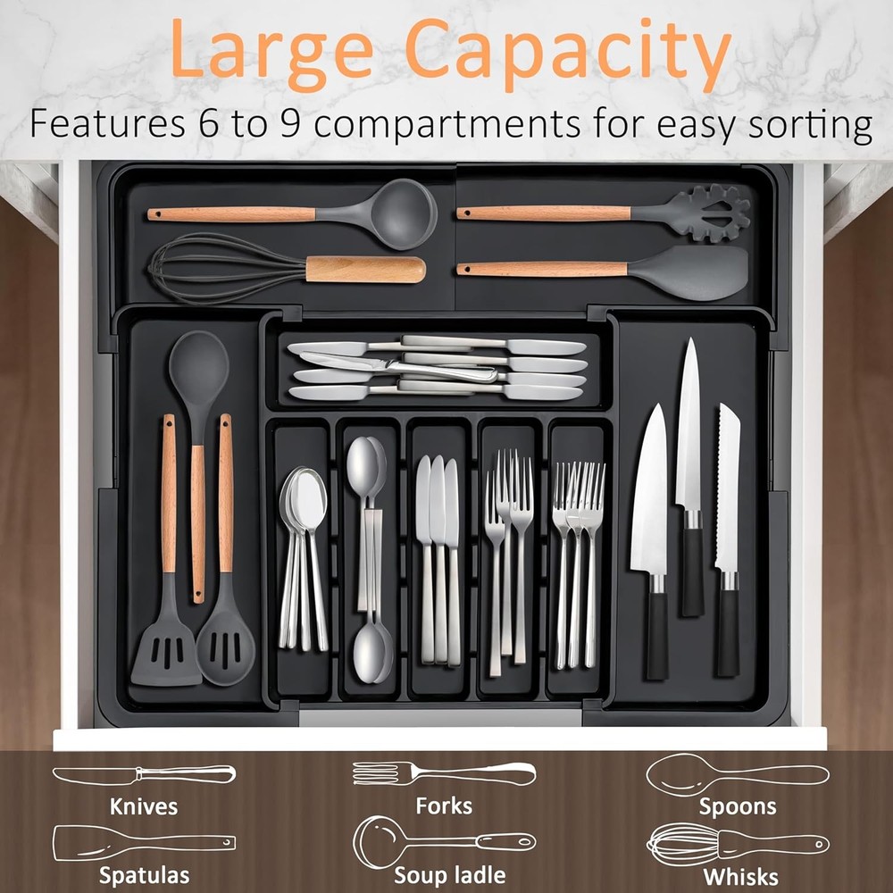 Silverware Organizer Expandable Kitchen Utensil Drawer Large Black