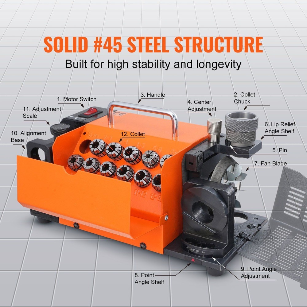3-13mm Drill Bit Sharpener Grinder with 11 Collets & Precision Sharpening