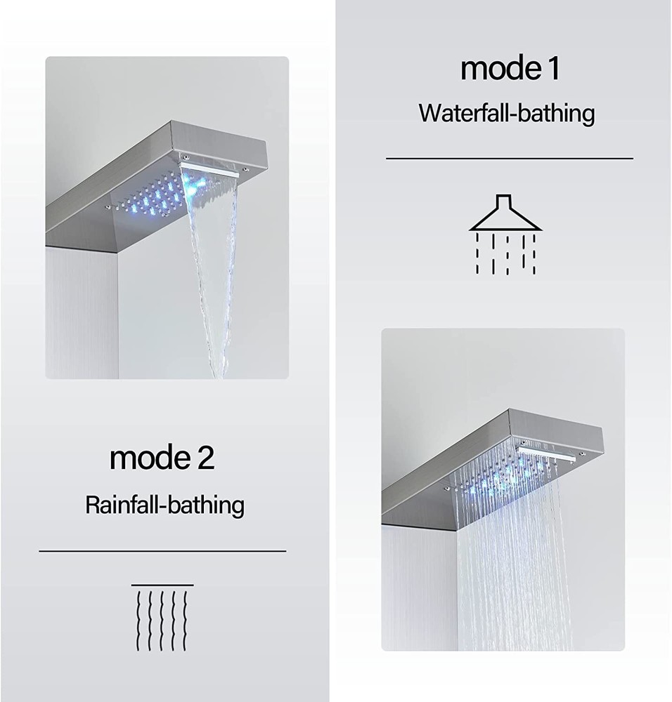 Stainless Steel 6 Functions Shower Panel Tower LED Rainfall Massage System Jets