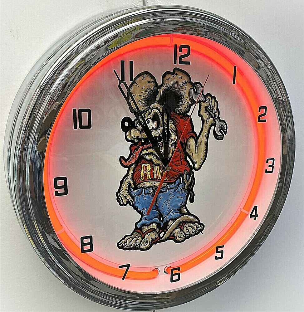 16" Rat Man Red Neon Wall Clock Garage Man Cave
