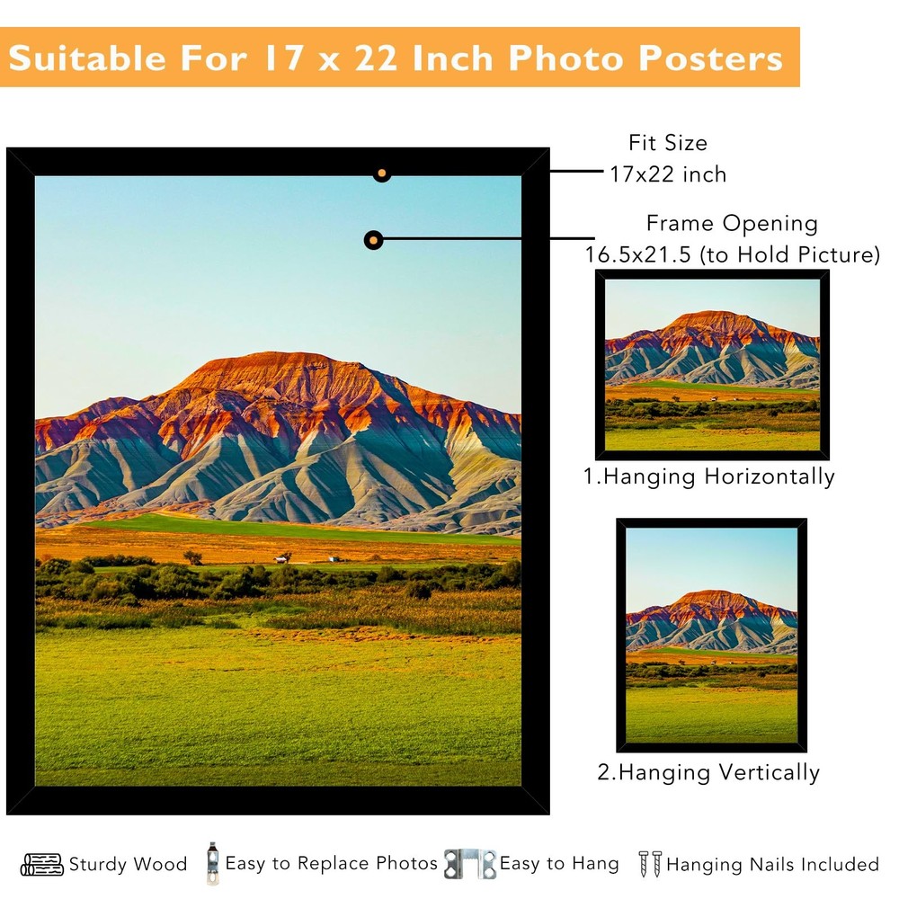 17x22 Picture Frame Black for Wall Mounting, Horizontal and Vertical Formats ...