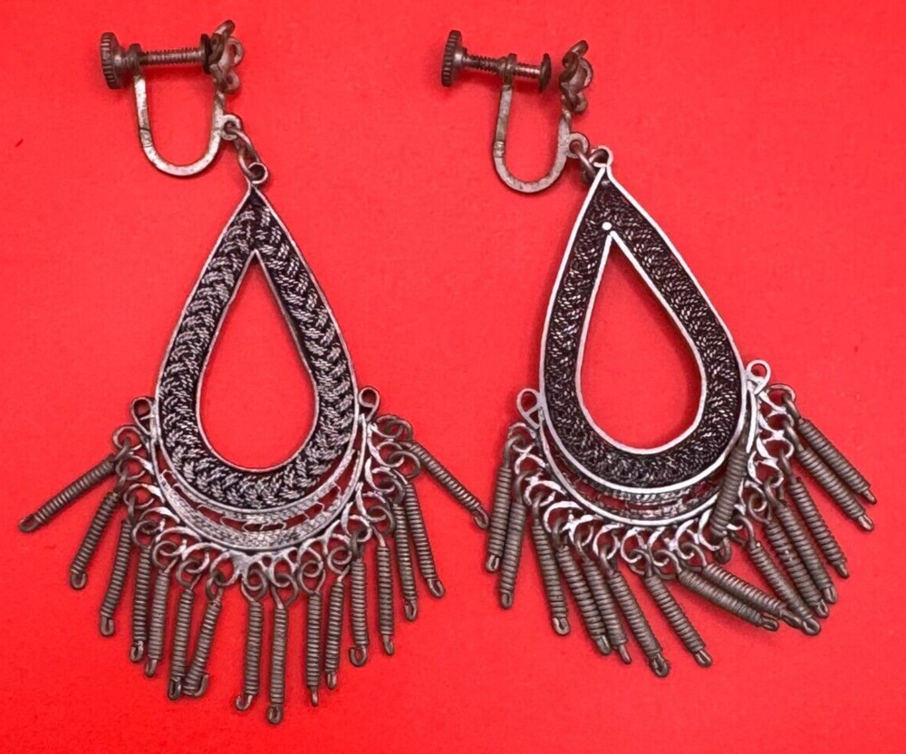 Vintage Tear Drop with Mini Springs Screw Back Earrings