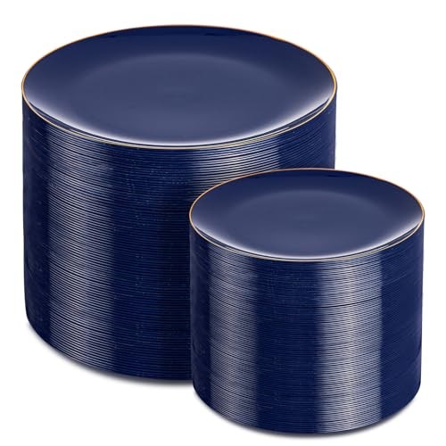 200 Pieces Plastic Plates - Navy and Gold Disposable - Include 200 PCS Blue