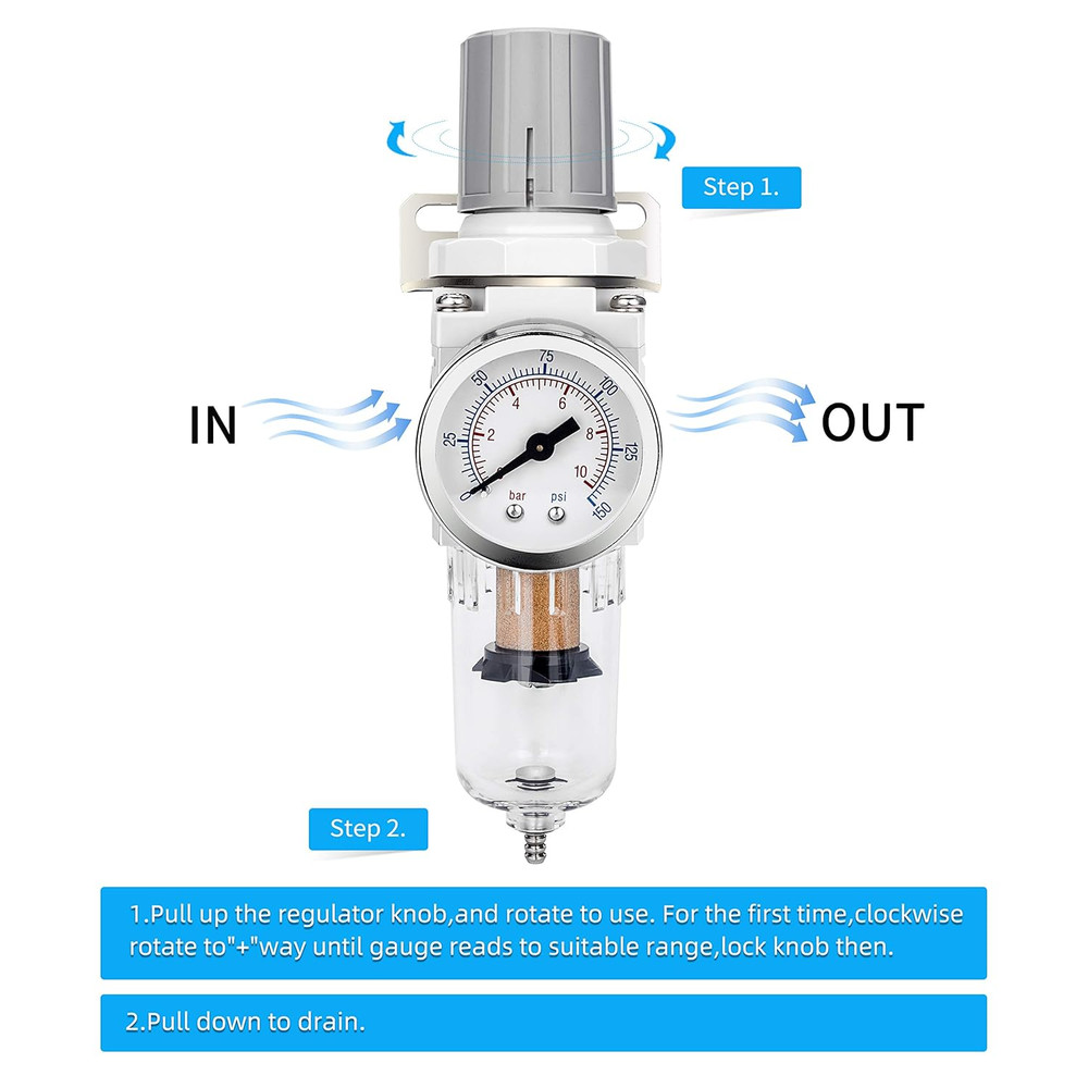1/4" NPT Compressed Air Filter Regulator Combo Piggyback, 5 Micron Brass Element