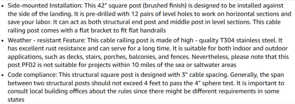 42" Side Mount Cable Railing Post Level Drilled Space-Saving Brushed Stainless