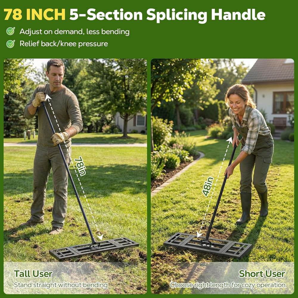 Heavy-Duty Lawn Leveling Rake with Adjustable Handle and Dual-Sided Plate