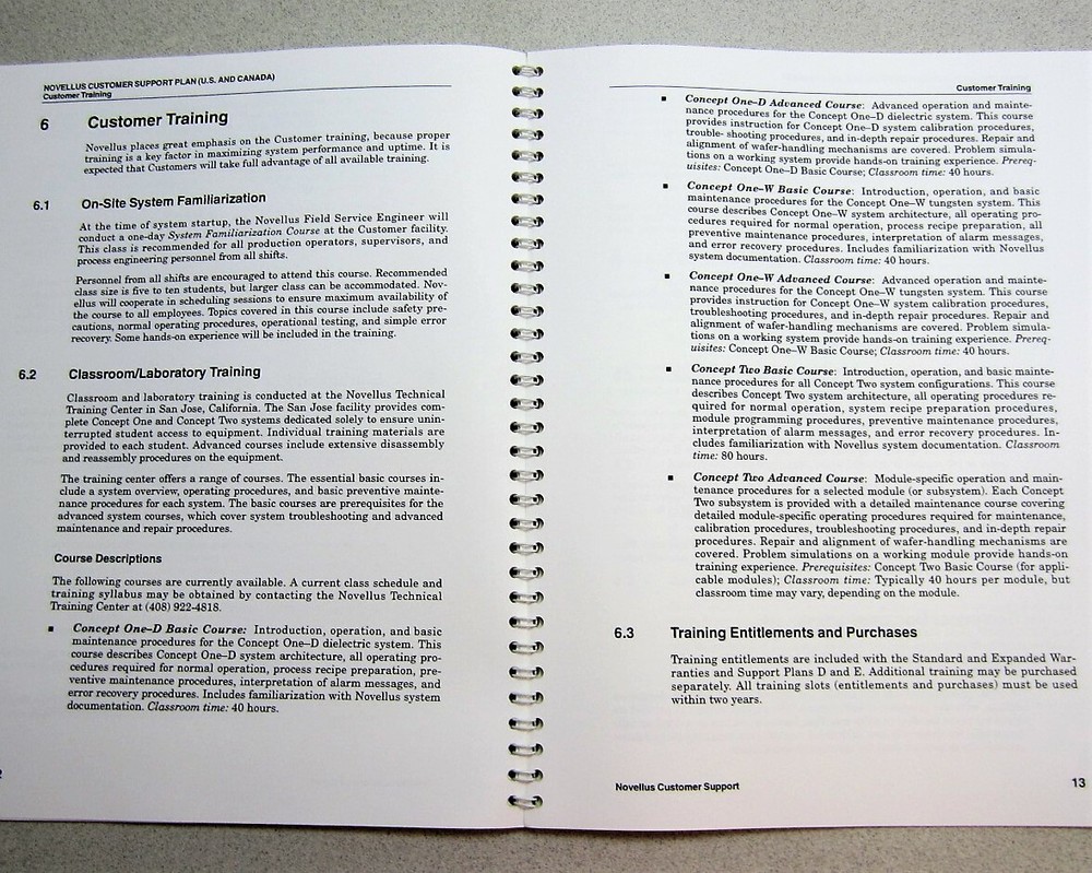 Novellus Systems General Information Customer Support Plan 73-10049-01 1995