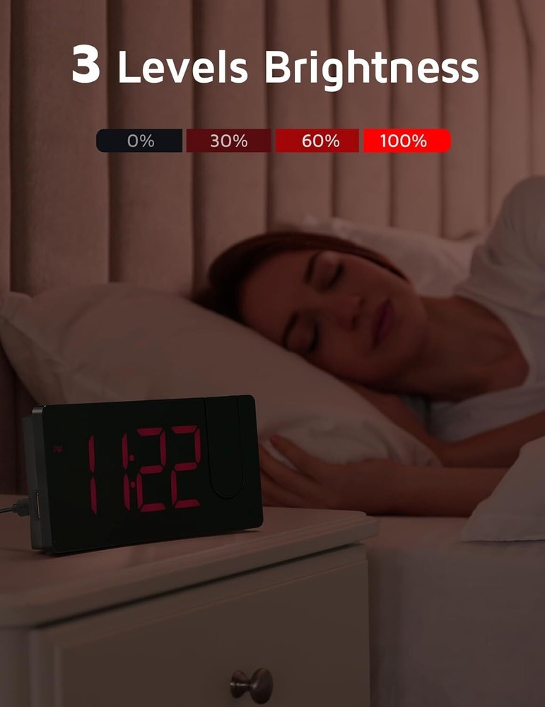 Red Digital Projection Alarm Clock With Usb Charging Large Easy Read Display