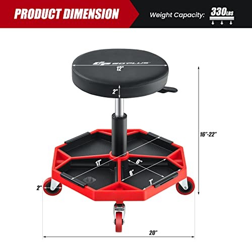 Rolling Garage Stool, 16”-22” Adjustable Mechanic Stool with Red & Black