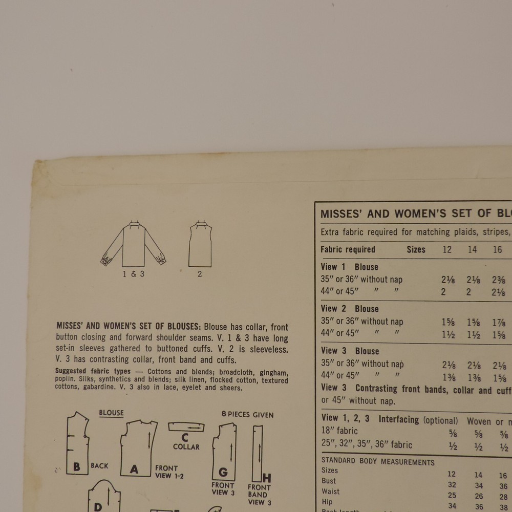 Simplicity 6526 Miss Button Front/Collared Blouse Size 40 B: 42 Complete