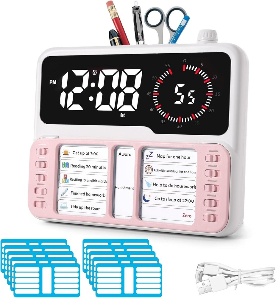 7-in-1 Visual Timer for Kids & Adults with Task Planner – Time Management - Pink