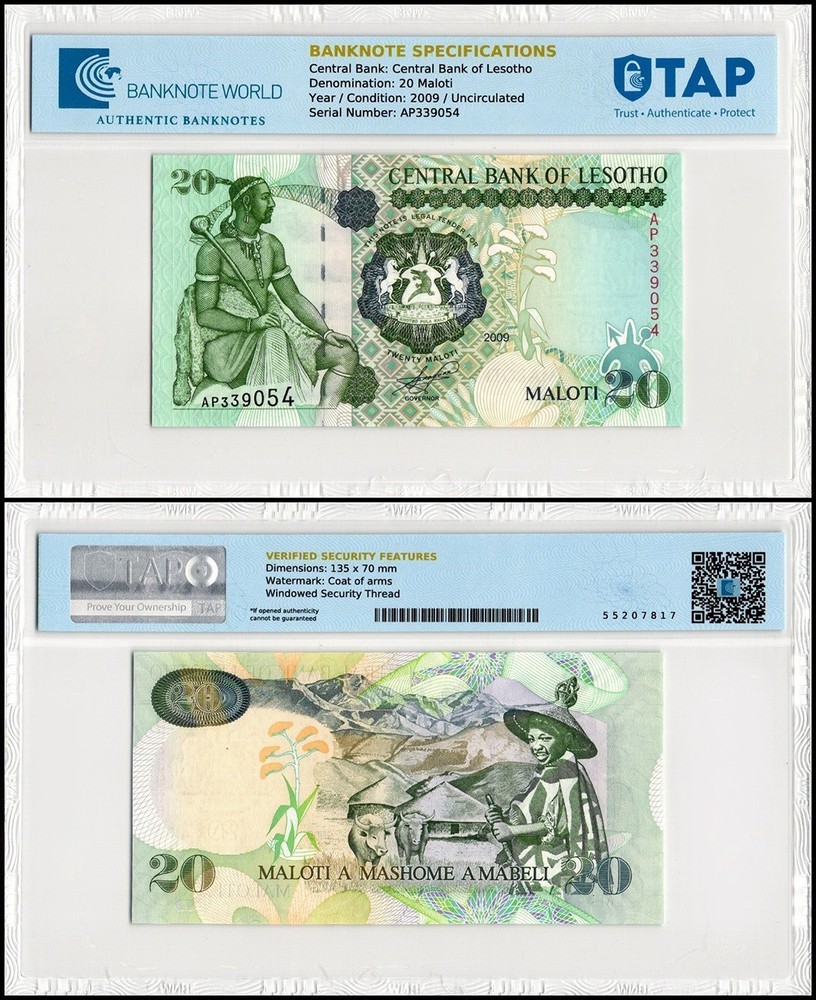 Lesotho 20 Maloti, 2009, P-16g, UNC, TAP Authenticated