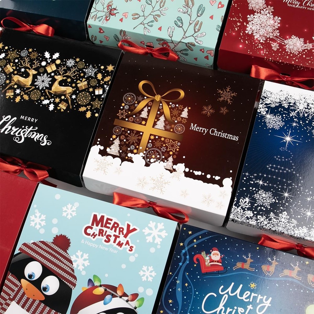 Christmas Gift Boxes with Lids 9 Pack Red Ribbon Themed Pattern Small Presents