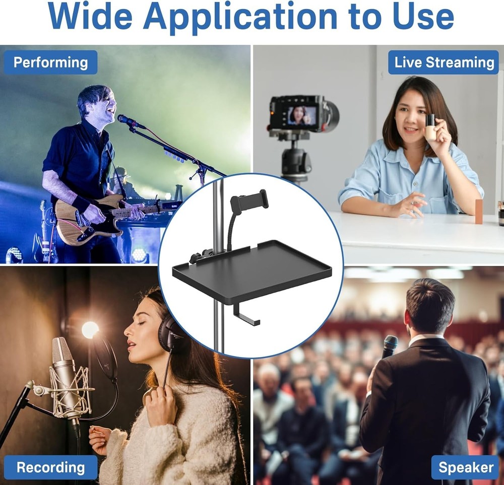 Functional Microphone Stand Tray with Adjustable Mic Stand Phone Holder - 8.7"X6