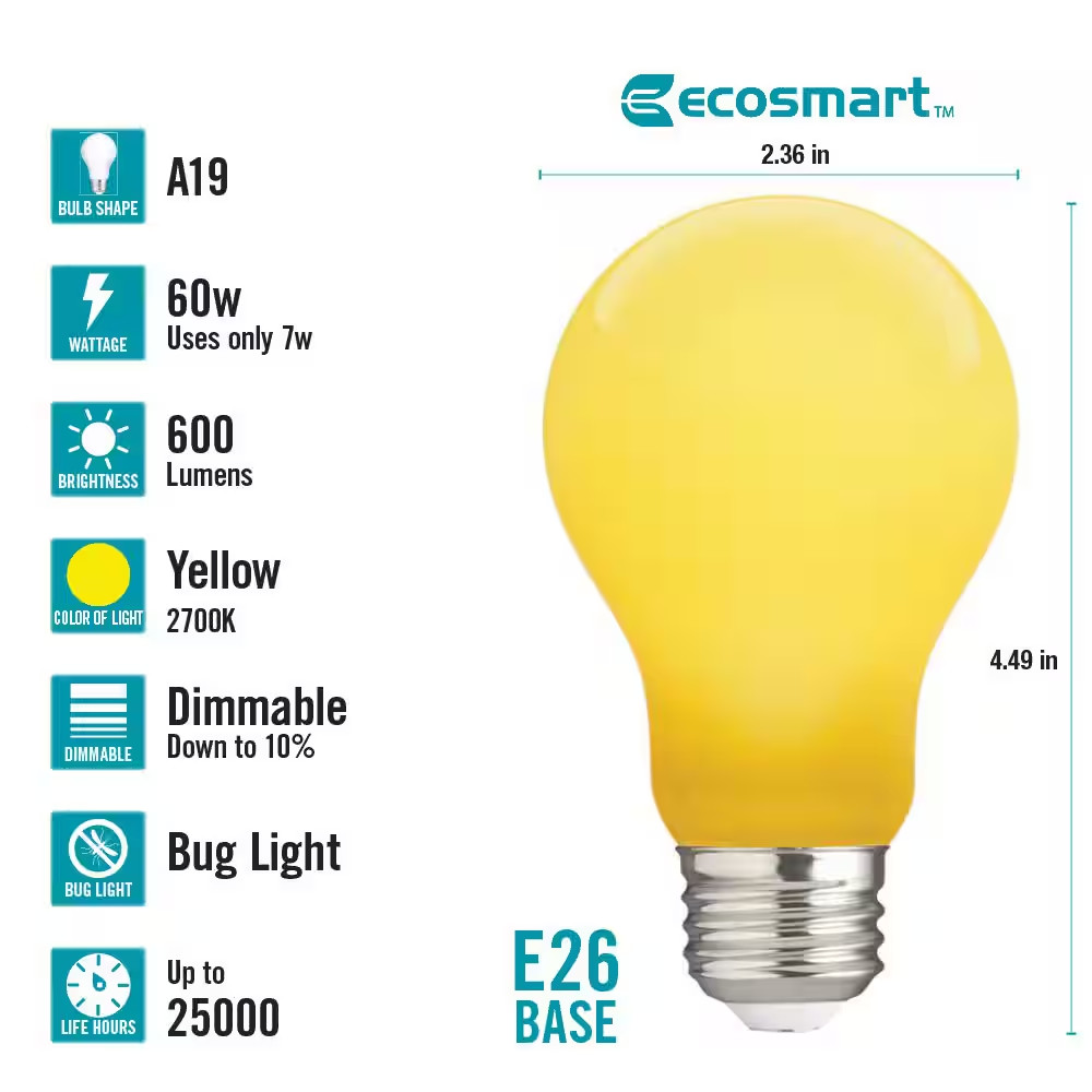 60-Watt Equivalent A19 Outdoor Bug Light Yellow LED Light Bulb (1-Pack)