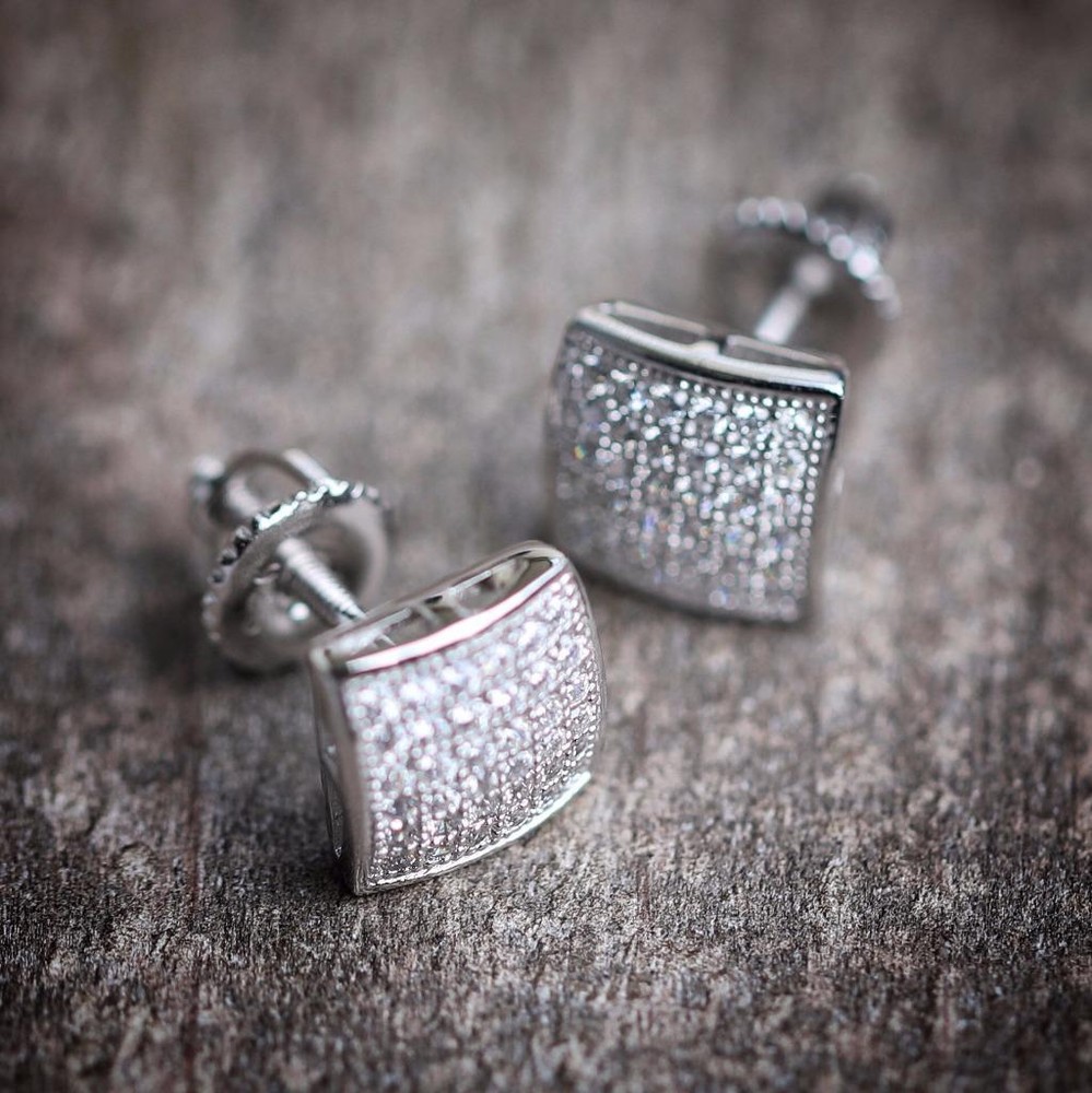 Small Hip Hop Silver Men's Stud Screw On Back Cz Earrings