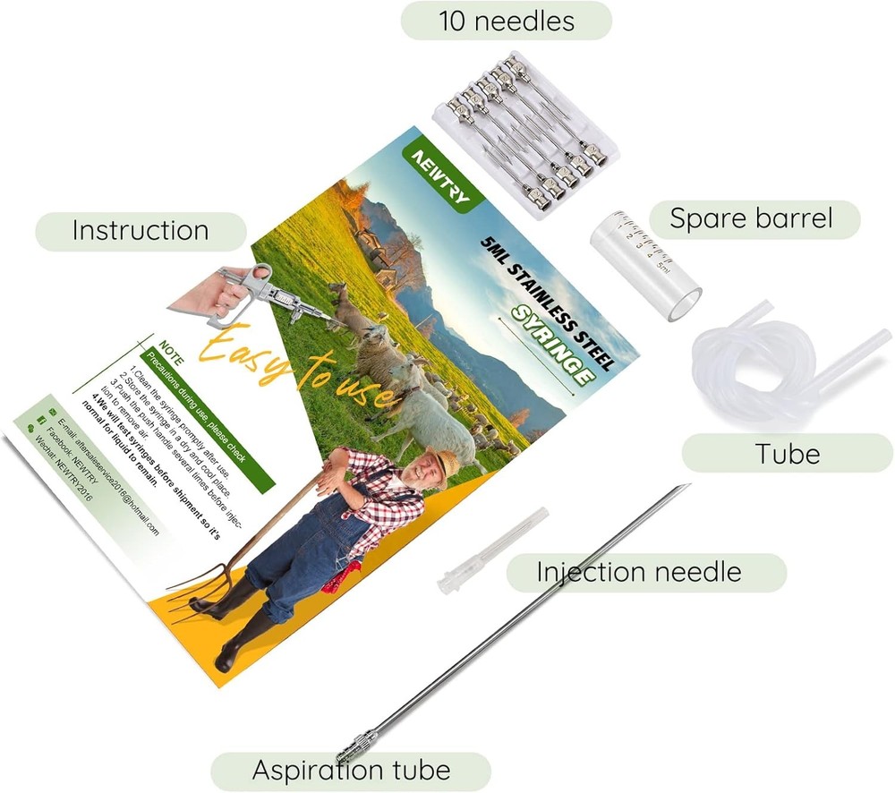 NEWTRY 5ml Livestock Syringe, Continuous Adjustable Animal Syringe,...