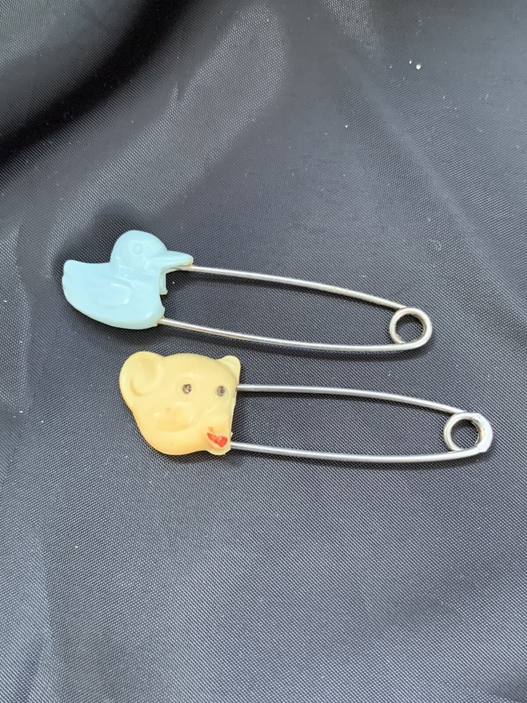 Two 1960s vintage Bear And Duck  diaper pins