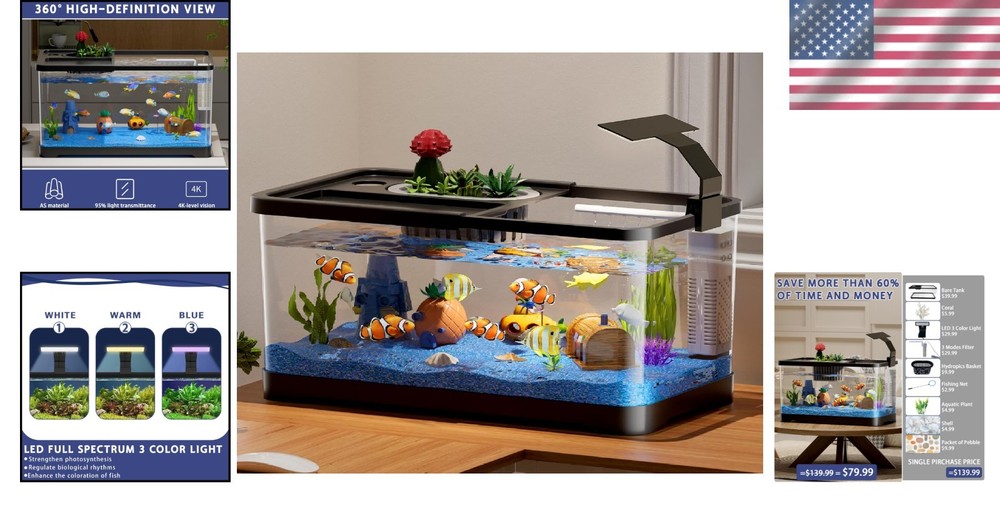 Versatile Betta Fish Tank 5.3 Gallons with Hydroponic Features and Accessories
