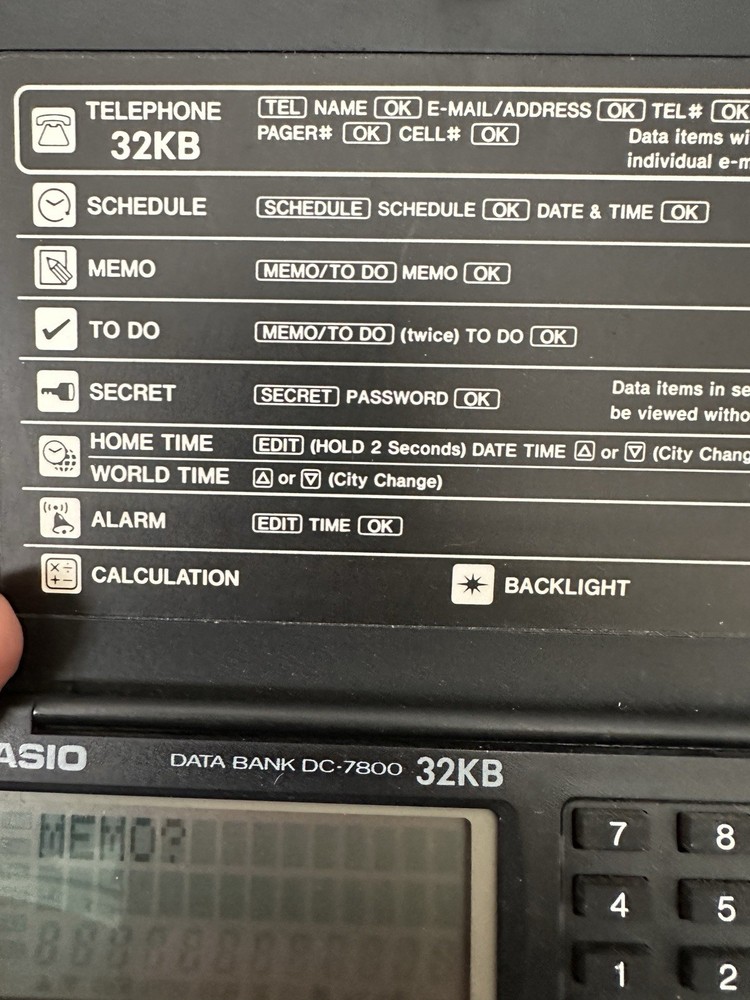 Vtg Casio Data Bank DC-7800 32KB Back Light Multi-function Organizer Tested