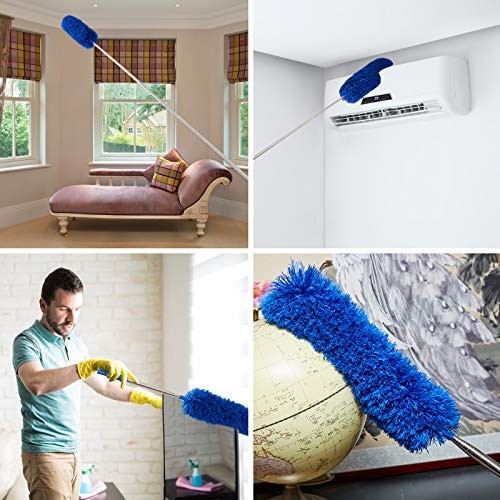 Cobweb Duster with Extension Pole, Washable Cleaning Duster Kit with 2 Blue