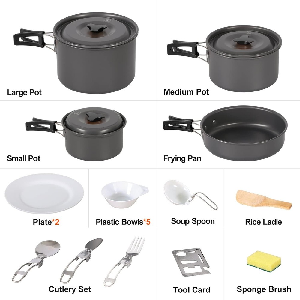 19 PCS Camping Cookware Set Mess Kit Lightweight Stackable Pot Pan Utensils
