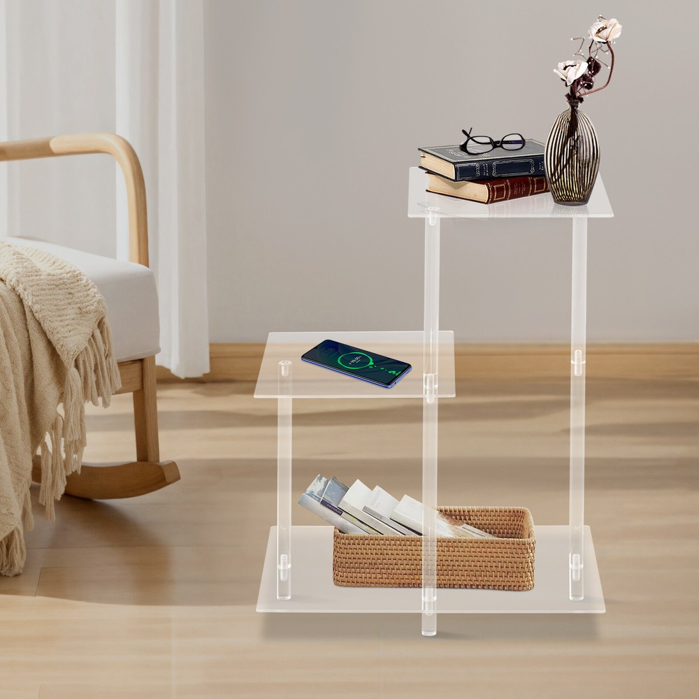 3-Tier Side Table Bedside Table with Open Storage Shelf Clear Side Square Table