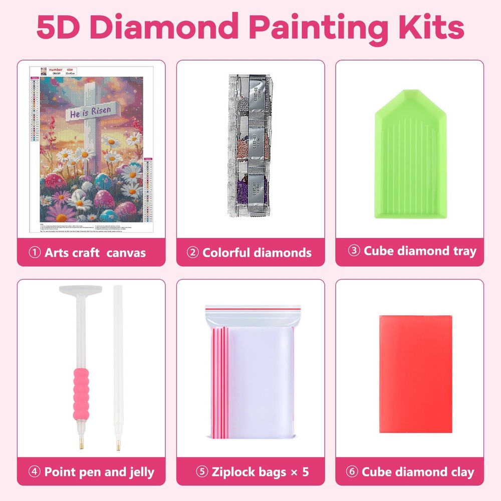 Easter Diamond Art Kits for Adults Beginner, 5D He is Risen Cross Diamond Paint