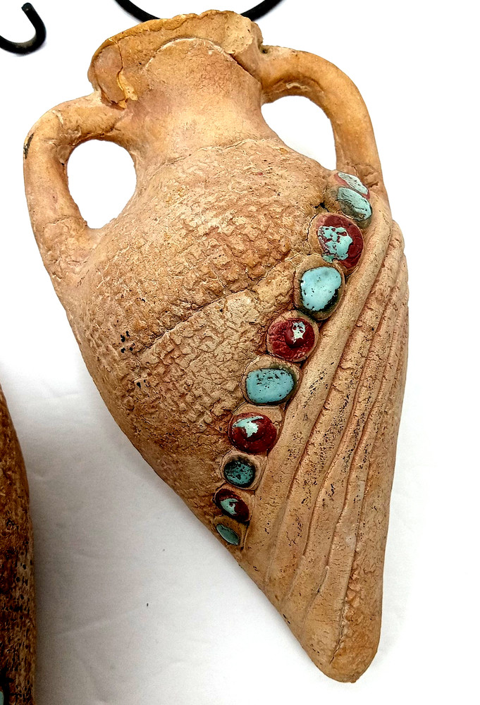 2 Aged Stoneware Cone Pointed Bottom Vases Terracotta Pottery Turquoise Accent