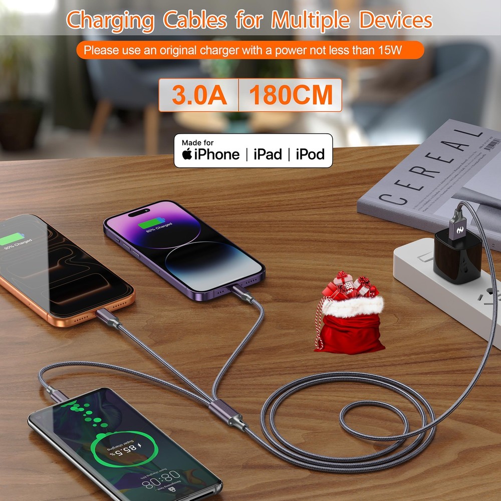 Multi Charging Cable (6ft 2Pack),3 in 1 USB 6 feet, Grey-6ft