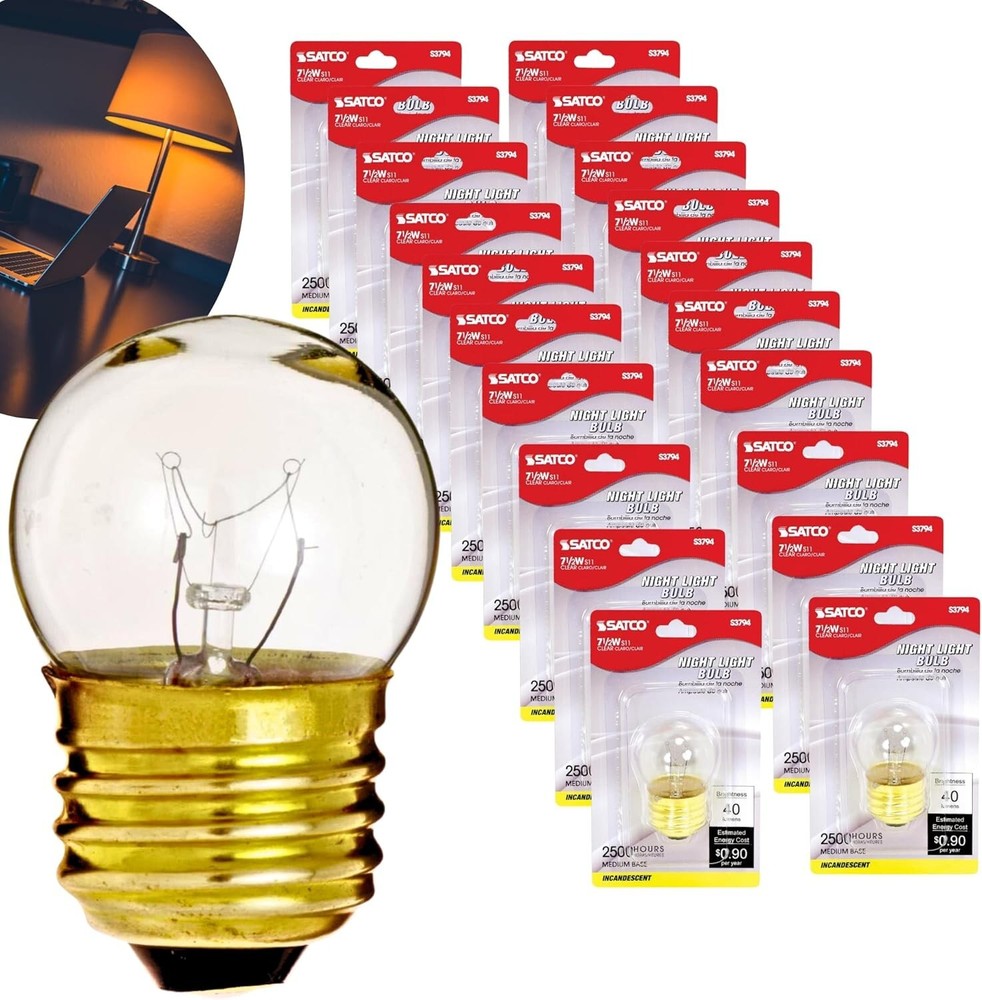 Satco S3794 - 7.5 Watt S11 Medium Base Night Light Bulbs - 2700K  (20 Pack)