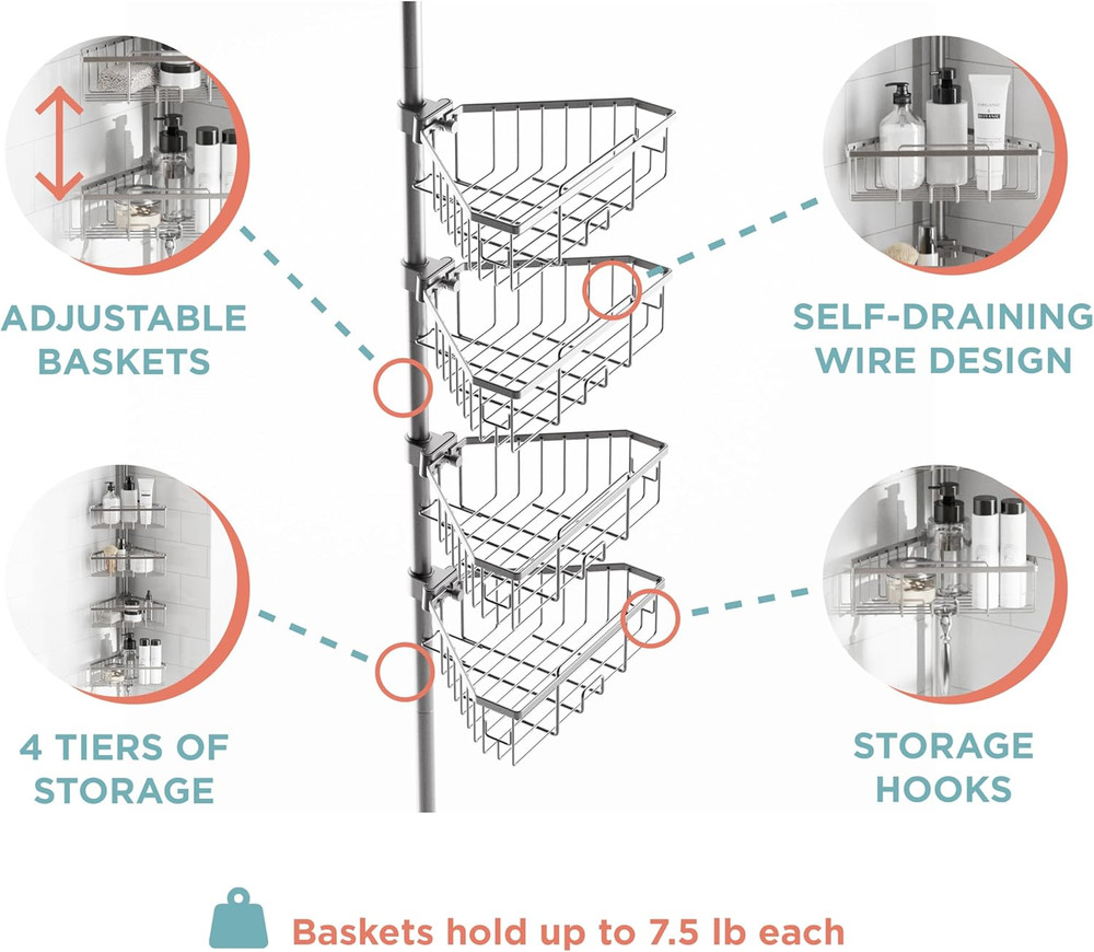 Tension Pole Shower Caddy, Corner Shower Storage System with 4 Adjustable Basket