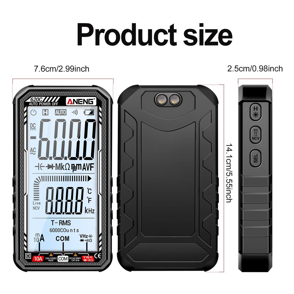 Digital Multimeter Tester, Smart 6000 Counts 620C, Black
