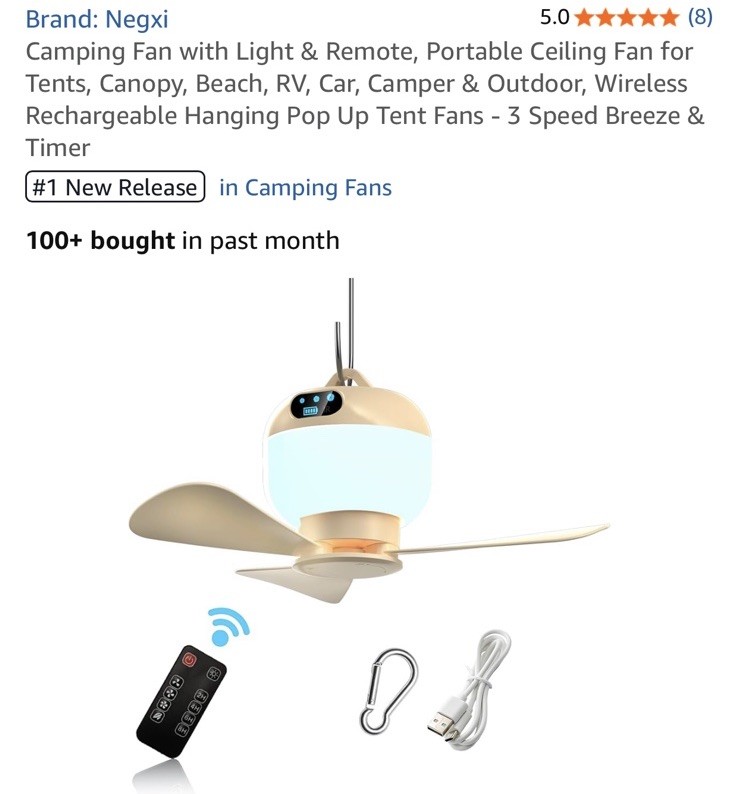 Portable Ceiling LED Fan Rechargeable Battery Powered Outdoor Camping