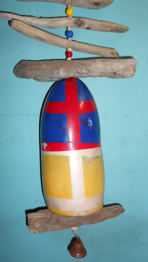 assorted driftwood mobile with buoy float bell handmade size 48"
