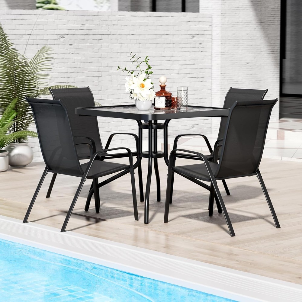 Outdoor Patio Dining Set with 4 Stackable Textilene Chairs and Square Table