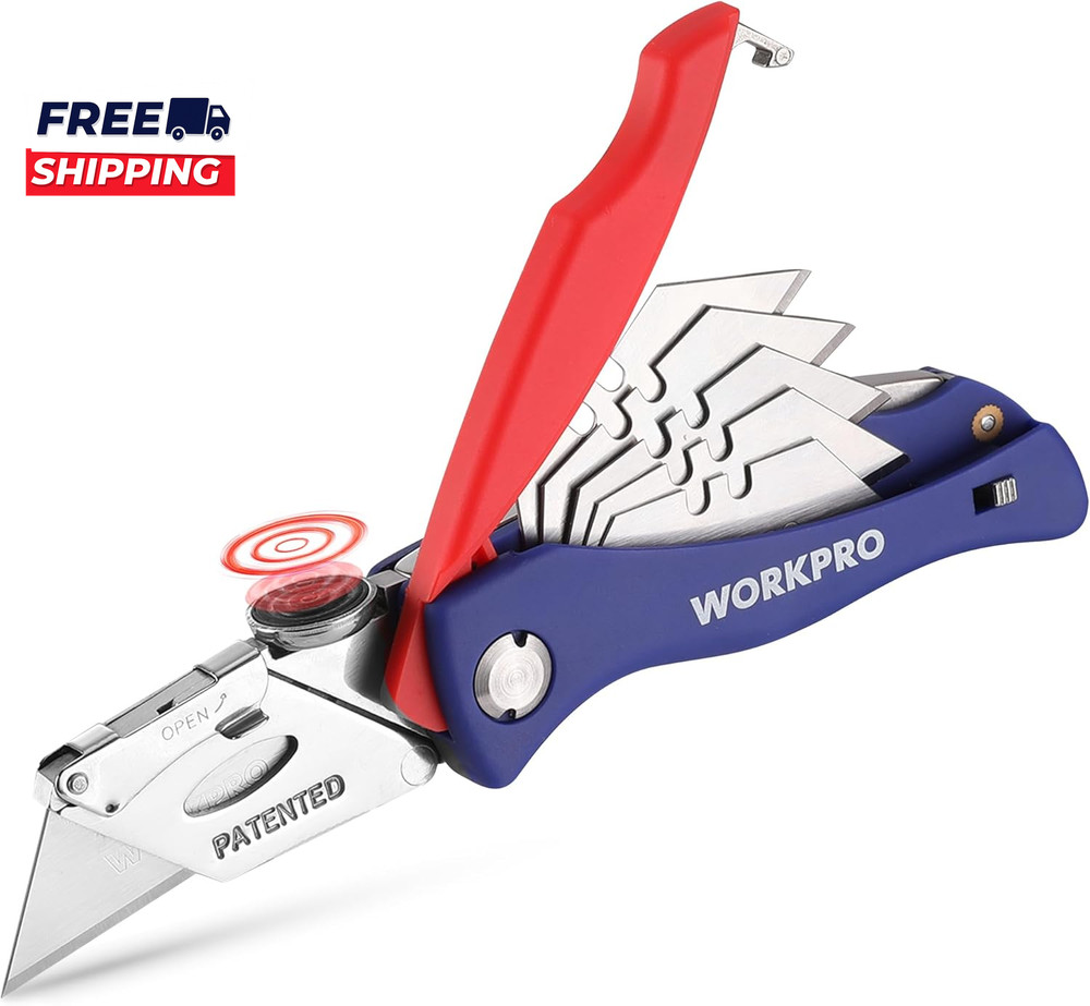 Folding Utility Knife, Quick-Change Box Cutter, Blade Storage in Handle with 5 E